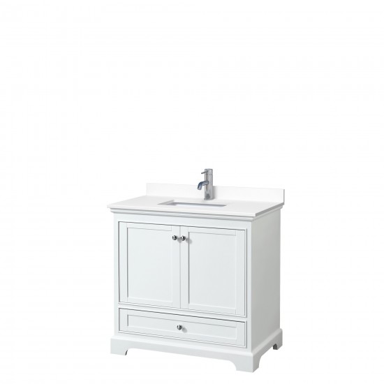 36 Inch Single Bathroom Vanity in White, White Cultured Marble Countertop, Sink, No Mirror