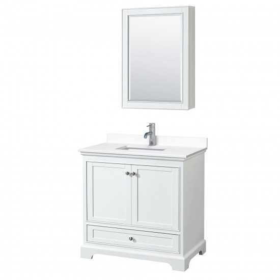 36 Inch Single Bathroom Vanity in White, White Cultured Marble Countertop, Sink, Medicine Cabinet