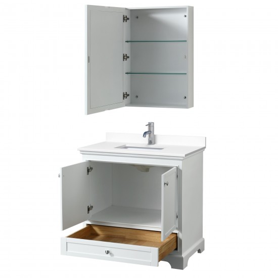 36 Inch Single Bathroom Vanity in White, White Cultured Marble Countertop, Sink, Medicine Cabinet