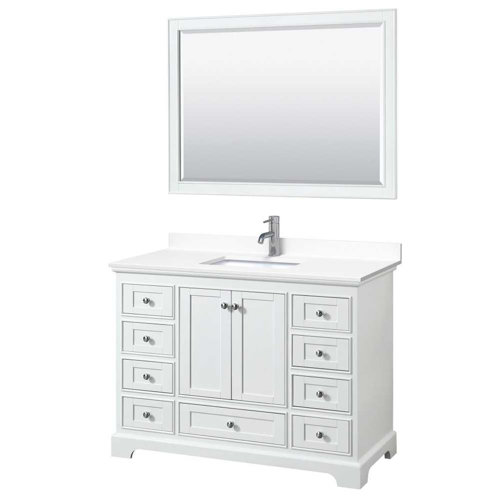 48 Inch Single Bathroom Vanity in White, White Cultured Marble Countertop, Sink, 46 Inch Mirror