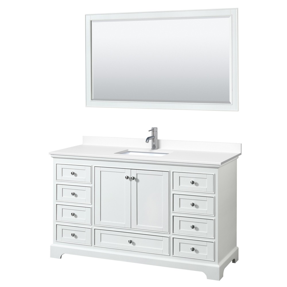 60 Inch Single Bathroom Vanity in White, White Cultured Marble Countertop, Sink, 58 Inch Mirror