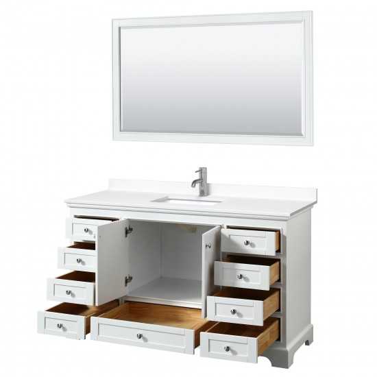 60 Inch Single Bathroom Vanity in White, White Cultured Marble Countertop, Sink, 58 Inch Mirror