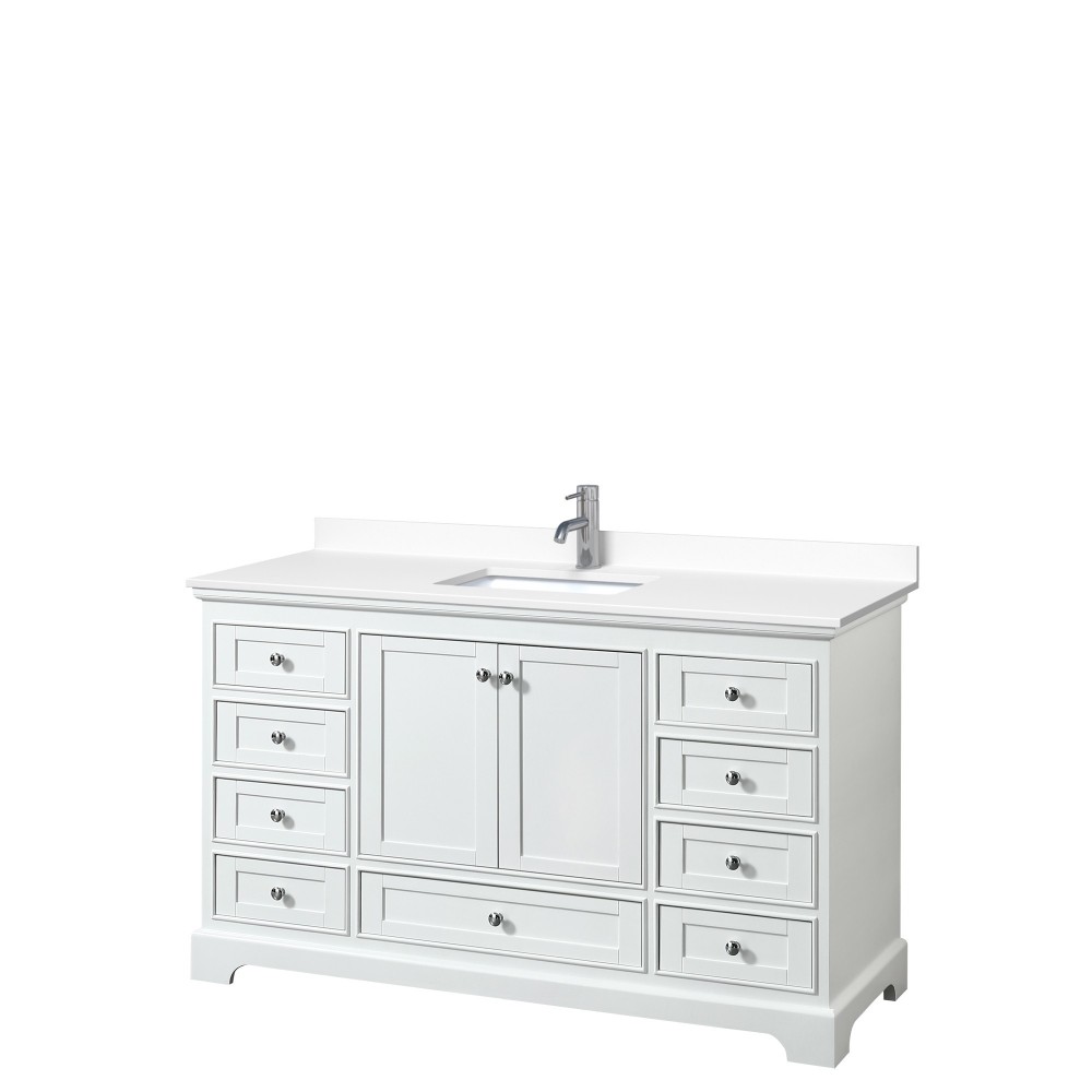 60 Inch Single Bathroom Vanity in White, White Cultured Marble Countertop, Sink, No Mirror