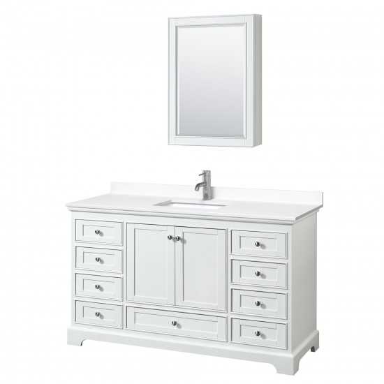 60 Inch Single Bathroom Vanity in White, White Cultured Marble Countertop, Sink, Medicine Cabinet