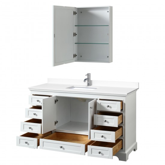 60 Inch Single Bathroom Vanity in White, White Cultured Marble Countertop, Sink, Medicine Cabinet