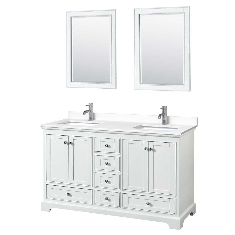 60 Inch Double Bathroom Vanity in White, White Cultured Marble Countertop, Sinks, 24 Inch Mirrors