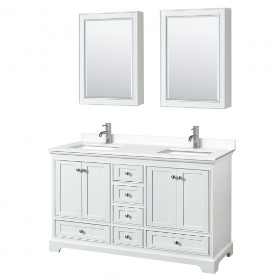 60 Inch Double Bathroom Vanity in White, White Cultured Marble Countertop, Sinks, Medicine Cabinets