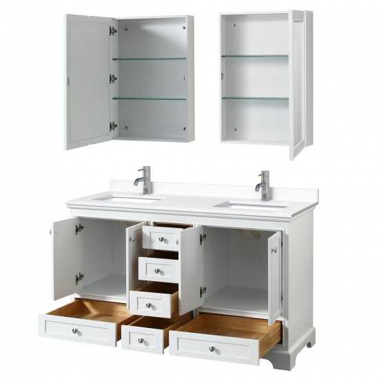 60 Inch Double Bathroom Vanity in White, White Cultured Marble Countertop, Sinks, Medicine Cabinets