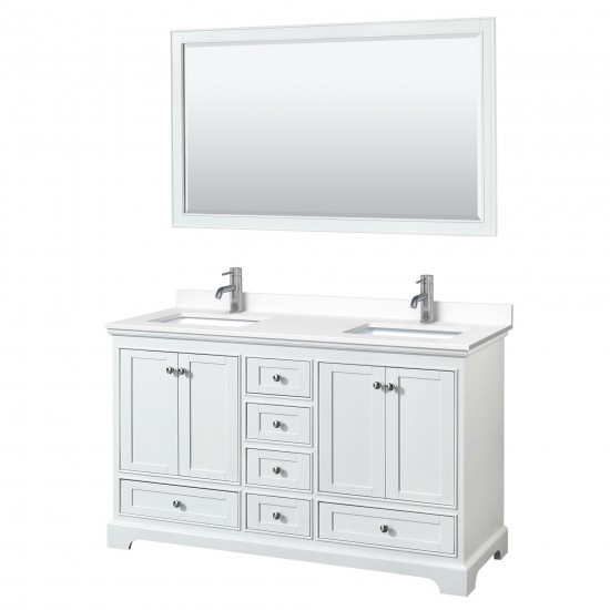 60 Inch Double Bathroom Vanity in White, White Cultured Marble Countertop, Sinks, 58 Inch Mirror