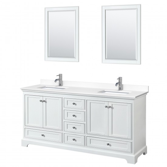 72 Inch Double Bathroom Vanity in White, White Cultured Marble Countertop, Sinks, 24 Inch Mirrors