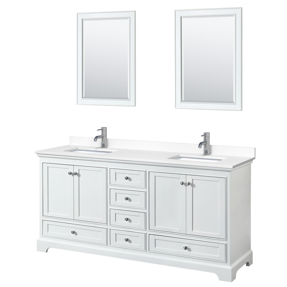 72 Inch Double Bathroom Vanity in White, White Cultured Marble Countertop, Sinks, 24 Inch Mirrors