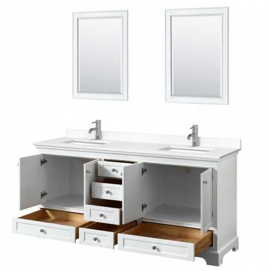 72 Inch Double Bathroom Vanity in White, White Cultured Marble Countertop, Sinks, 24 Inch Mirrors