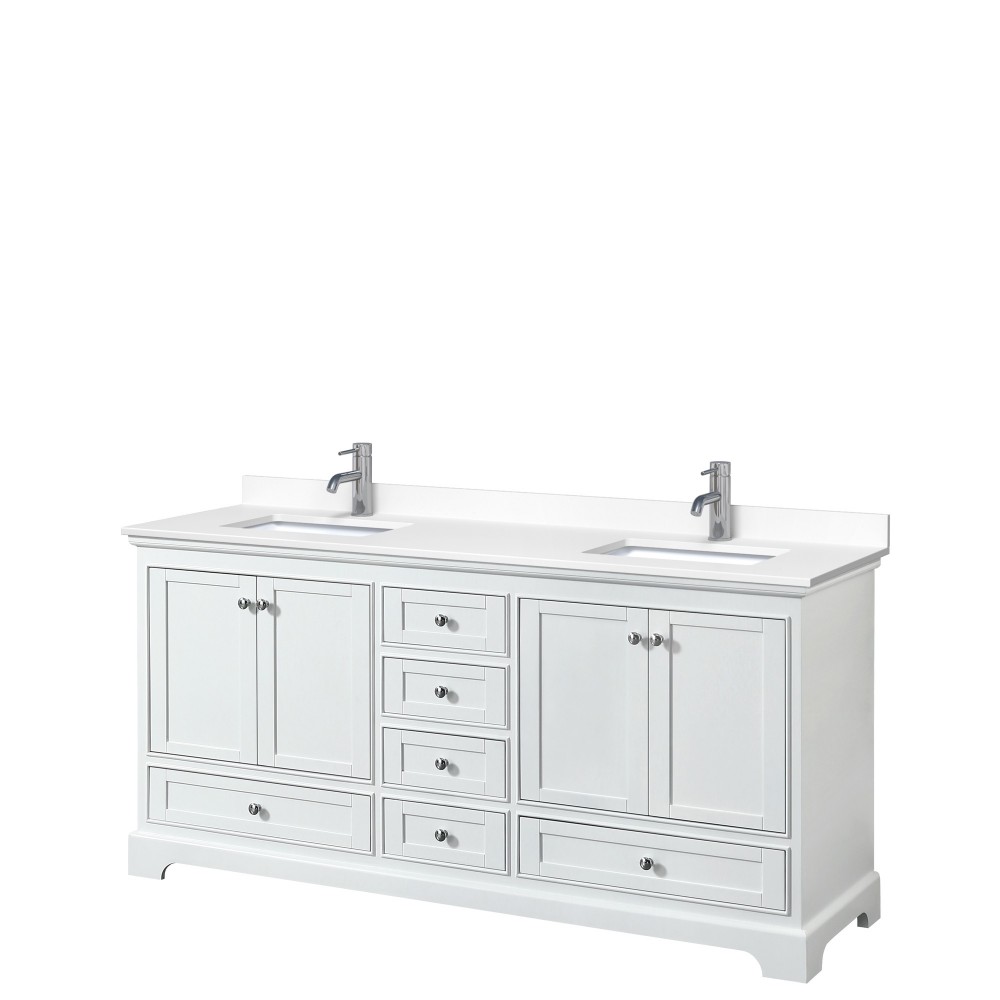 72 Inch Double Bathroom Vanity in White, White Cultured Marble Countertop, Sinks, No Mirrors