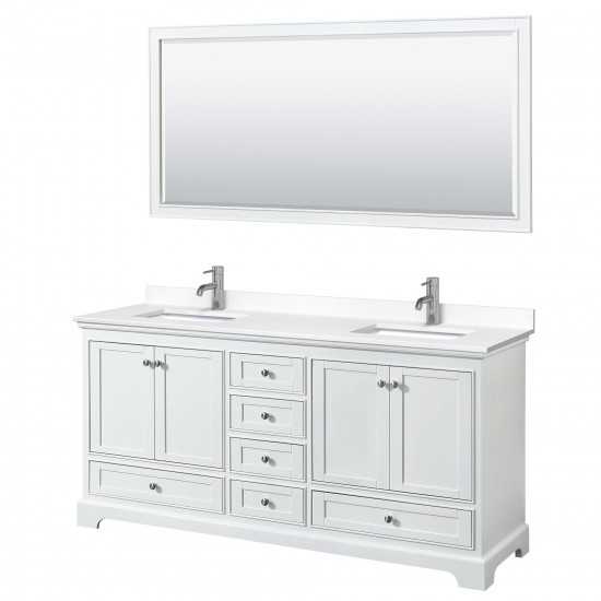 72 Inch Double Bathroom Vanity in White, White Cultured Marble Countertop, Sinks, 70 Inch Mirror