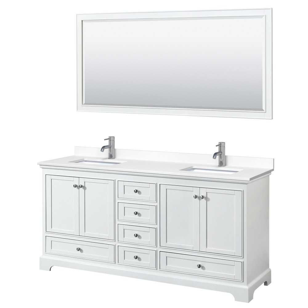 72 Inch Double Bathroom Vanity in White, White Cultured Marble Countertop, Sinks, 70 Inch Mirror