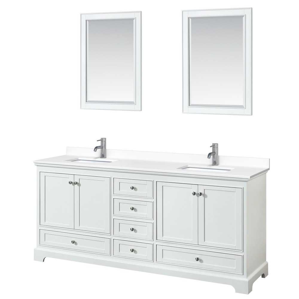 80 Inch Double Bathroom Vanity in White, White Cultured Marble Countertop, Sinks, 24 Inch Mirrors