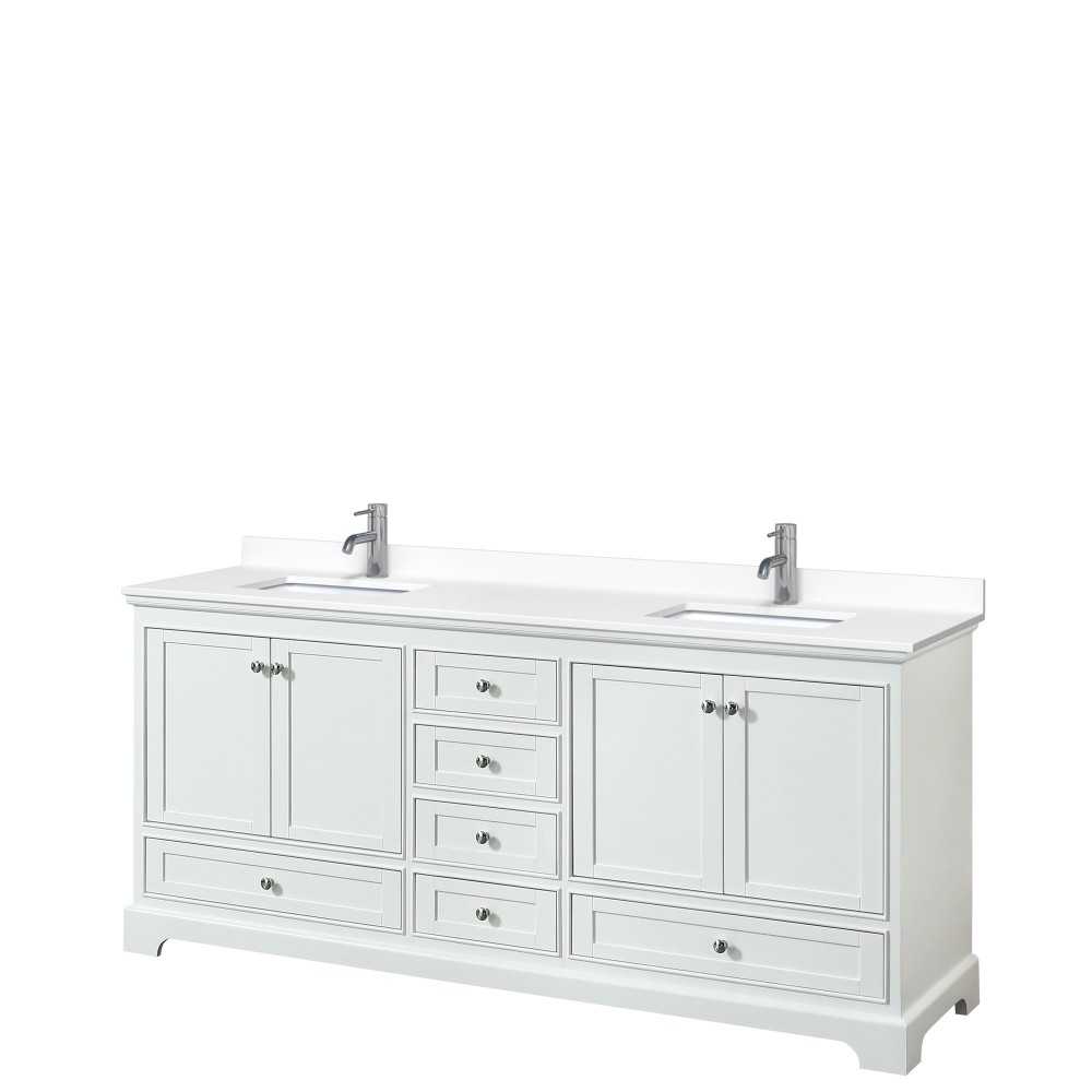 80 Inch Double Bathroom Vanity in White, White Cultured Marble Countertop, Sinks, No Mirrors