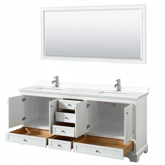 80 Inch Double Bathroom Vanity in White, White Cultured Marble Countertop, Sinks, 70 Inch Mirror