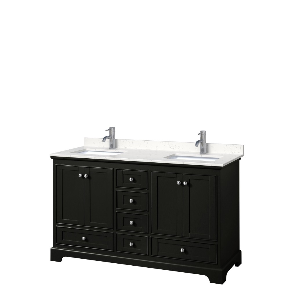 60 Inch Double Bathroom Vanity in Dark Espresso, Light-Vein Carrara Cultured Marble Countertop, Sinks, No Mirrors