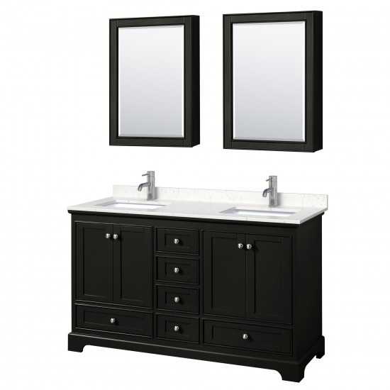 60 Inch Double Bathroom Vanity in Dark Espresso, Light-Vein Carrara Cultured Marble Countertop, Sinks, Medicine Cabinets