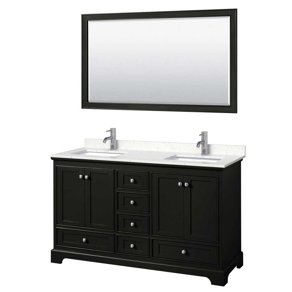 60 Inch Double Bathroom Vanity in Dark Espresso, Light-Vein Carrara Cultured Marble Countertop, Sinks, 58 Inch Mirror