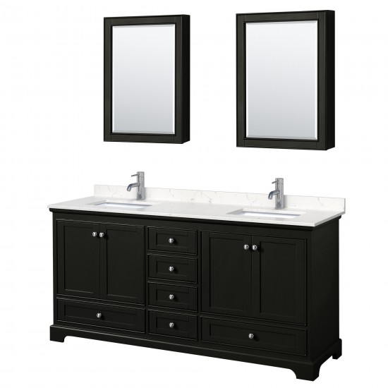 72 Inch Double Bathroom Vanity in Dark Espresso, Light-Vein Carrara Cultured Marble Countertop, Sinks, Medicine Cabinets