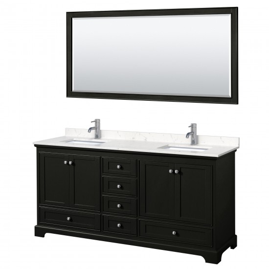 72 Inch Double Bathroom Vanity in Dark Espresso, Light-Vein Carrara Cultured Marble Countertop, Sinks, 70 Inch Mirror