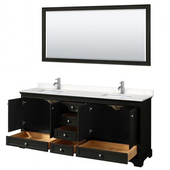 80 Inch Double Bathroom Vanity in Dark Espresso, Light-Vein Carrara Cultured Marble Countertop, Sinks, 70 Inch Mirror