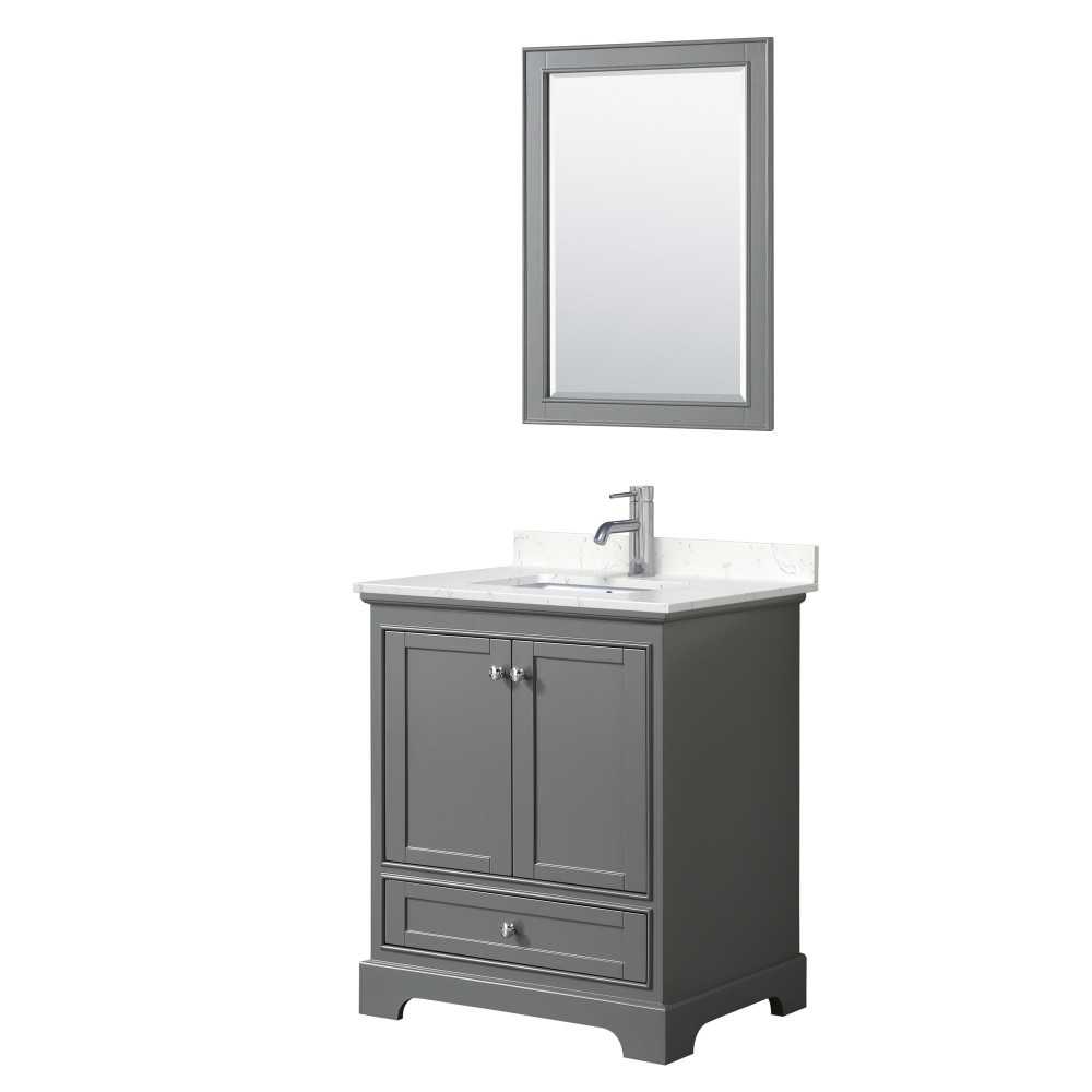 30 Inch Single Bathroom Vanity in Dark Gray, Light-Vein Carrara Cultured Marble Countertop, Sink, 24 Inch Mirror