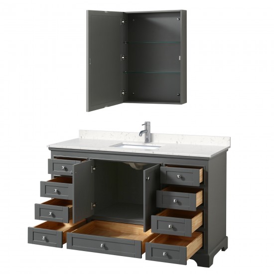 60 Inch Single Bathroom Vanity in Dark Gray, Light-Vein Carrara Cultured Marble Countertop, Sink, Medicine Cabinet