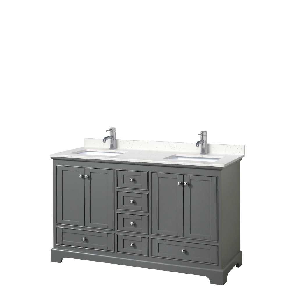 60 Inch Double Bathroom Vanity in Dark Gray, Light-Vein Carrara Cultured Marble Countertop, Sinks, No Mirrors