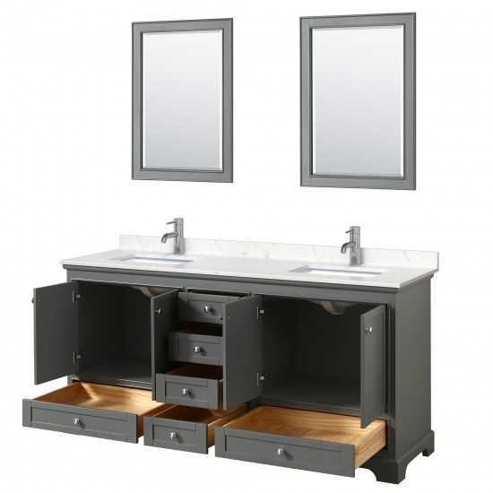 72 Inch Double Bathroom Vanity in Dark Gray, Light-Vein Carrara Cultured Marble Countertop, Sinks, 24 Inch Mirrors