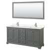 72 Inch Double Bathroom Vanity in Dark Gray, Light-Vein Carrara Cultured Marble Countertop, Sinks, 70 Inch Mirror