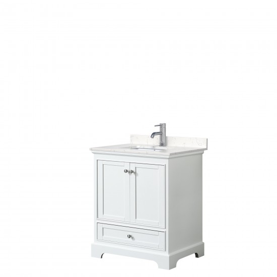 30 Inch Single Bathroom Vanity in White, Light-Vein Carrara Cultured Marble Countertop, Sink, No Mirror