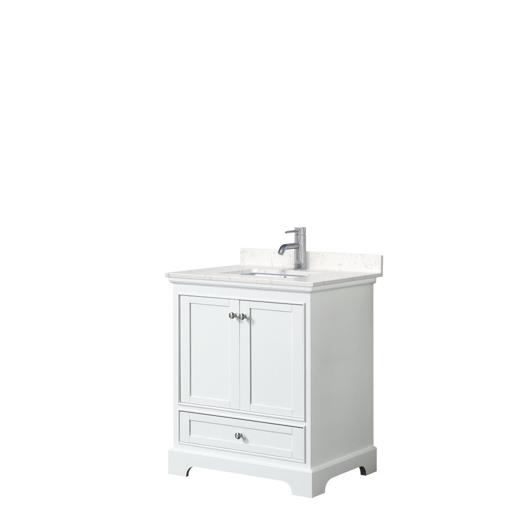 30 Inch Single Bathroom Vanity in White, Light-Vein Carrara Cultured Marble Countertop, Sink, No Mirror