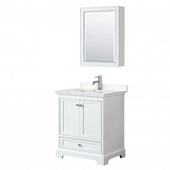 30 Inch Single Bathroom Vanity in White, Light-Vein Carrara Cultured Marble Countertop, Sink, Medicine Cabinet