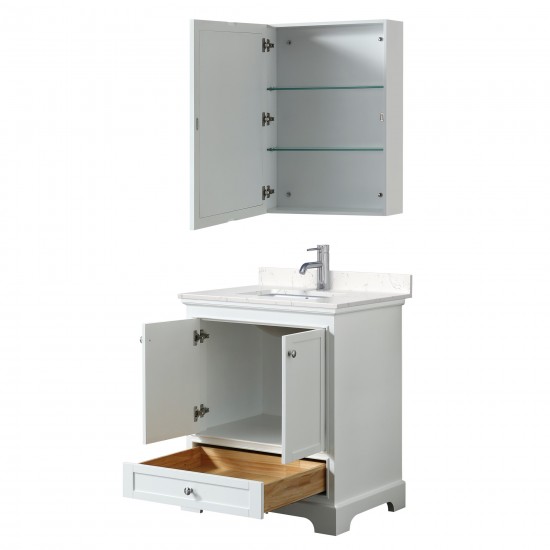 30 Inch Single Bathroom Vanity in White, Light-Vein Carrara Cultured Marble Countertop, Sink, Medicine Cabinet