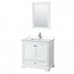 36 Inch Single Bathroom Vanity in White, Light-Vein Carrara Cultured Marble Countertop, Sink, 24 Inch Mirror