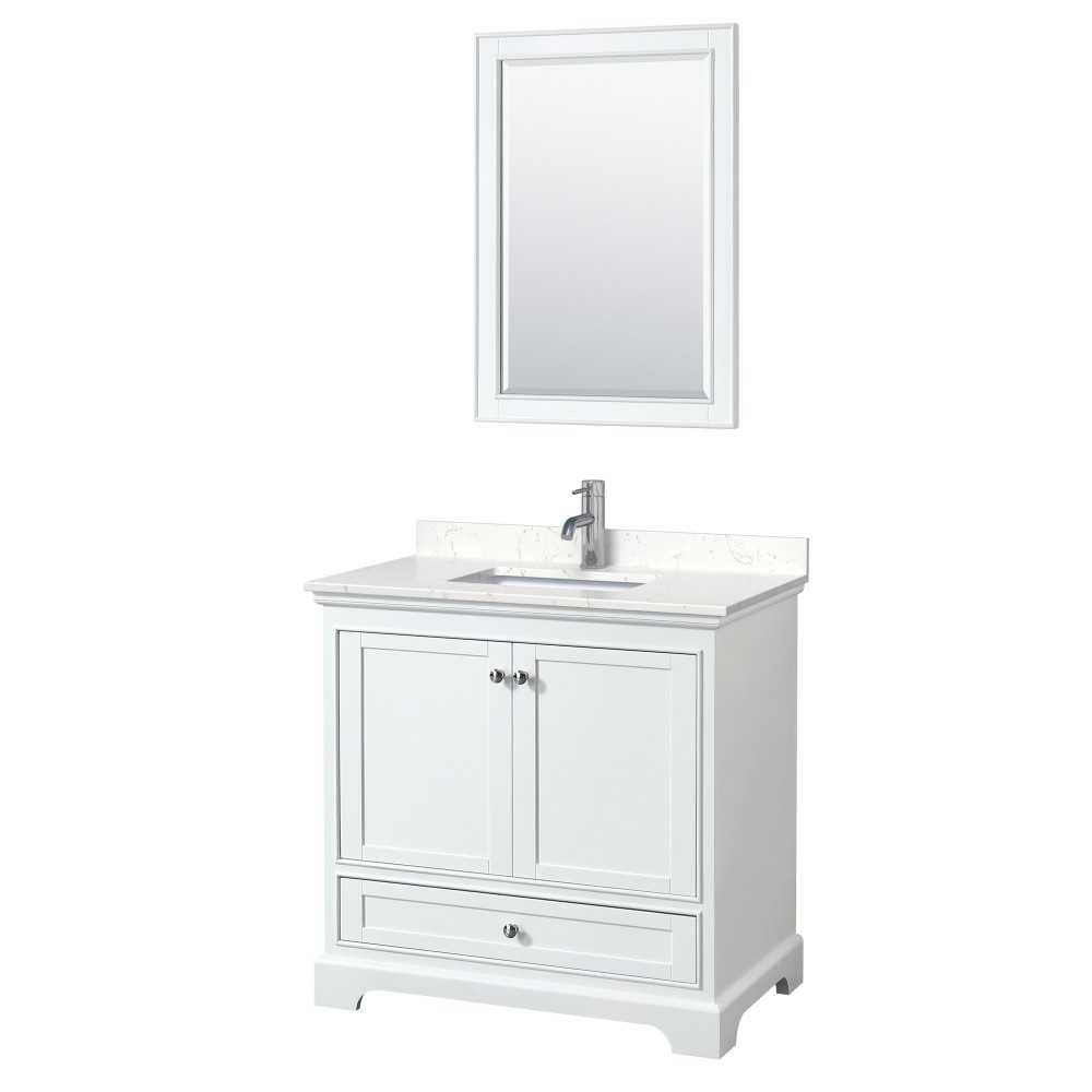 36 Inch Single Bathroom Vanity in White, Light-Vein Carrara Cultured Marble Countertop, Sink, 24 Inch Mirror