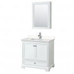 36 Inch Single Bathroom Vanity in White, Light-Vein Carrara Cultured Marble Countertop, Sink, Medicine Cabinet