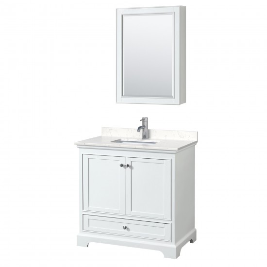 36 Inch Single Bathroom Vanity in White, Light-Vein Carrara Cultured Marble Countertop, Sink, Medicine Cabinet