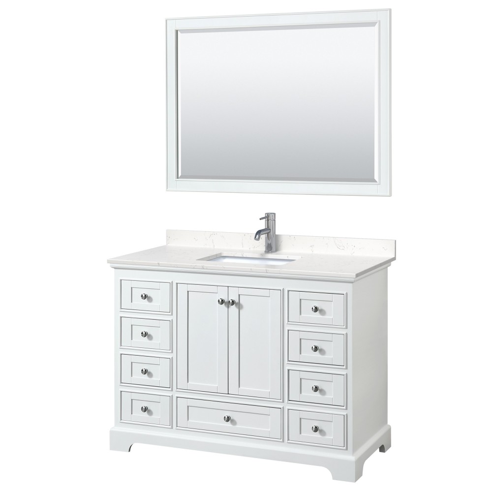 48 Inch Single Bathroom Vanity in White, Light-Vein Carrara Cultured Marble Countertop, Sink, 46 Inch Mirror