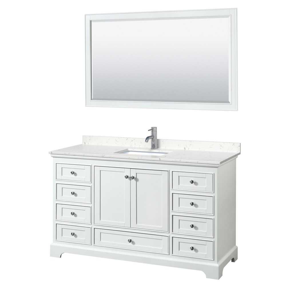 60 Inch Single Bathroom Vanity in White, Light-Vein Carrara Cultured Marble Countertop, Sink, 58 Inch Mirror