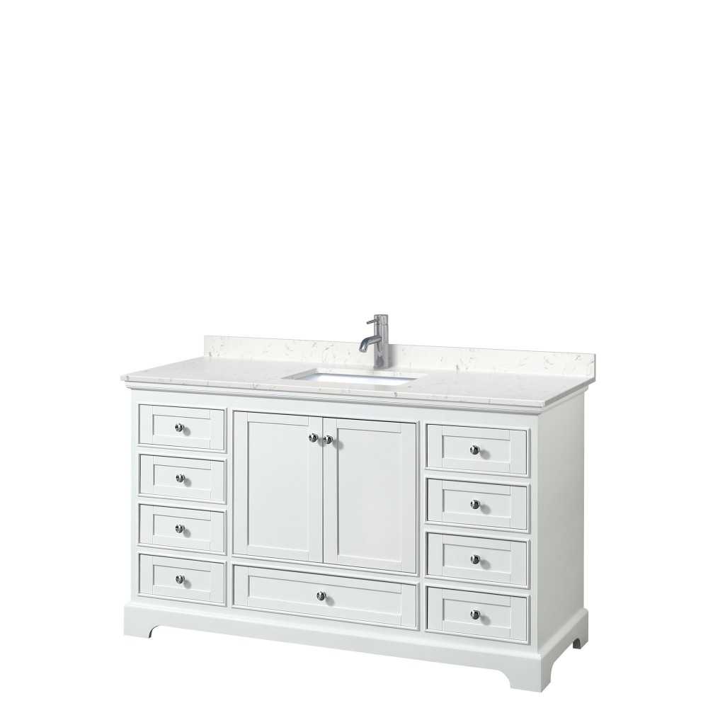 60 Inch Single Bathroom Vanity in White, Light-Vein Carrara Cultured Marble Countertop, Sink, No Mirror