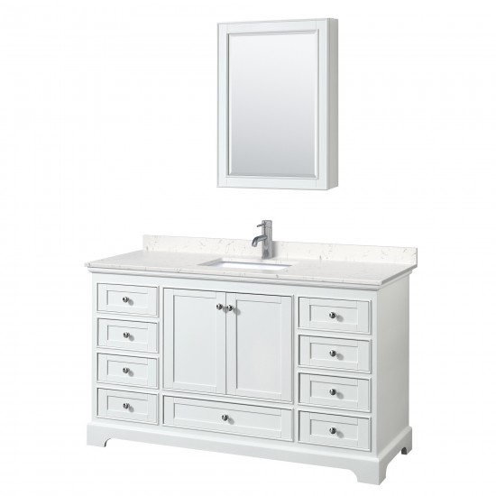 60 Inch Single Bathroom Vanity in White, Light-Vein Carrara Cultured Marble Countertop, Sink, Medicine Cabinet