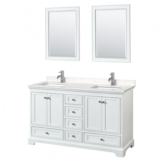 60 Inch Double Bathroom Vanity in White, Light-Vein Carrara Cultured Marble Countertop, Sinks, 24 Inch Mirrors