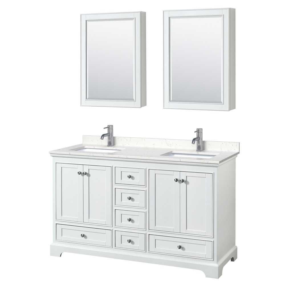 60 Inch Double Bathroom Vanity in White, Light-Vein Carrara Cultured Marble Countertop, Sinks, Medicine Cabinets