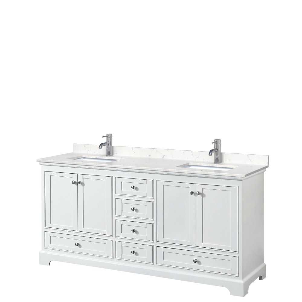 72 Inch Double Bathroom Vanity in White, Light-Vein Carrara Cultured Marble Countertop, Sinks, No Mirrors