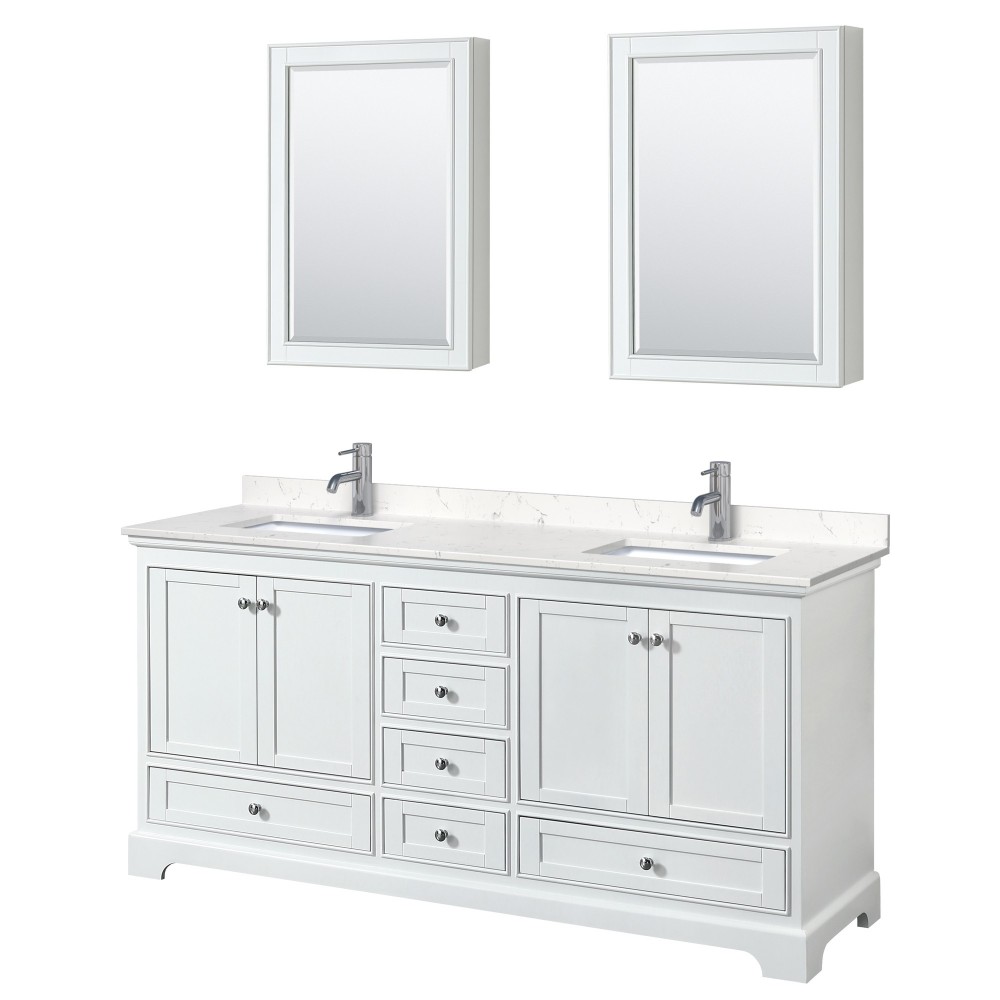 72 Inch Double Bathroom Vanity in White, Light-Vein Carrara Cultured Marble Countertop, Sinks, Medicine Cabinets