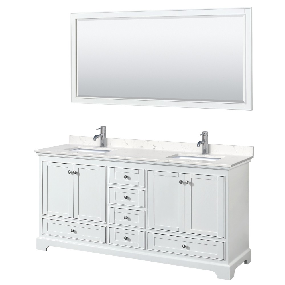 72 Inch Double Bathroom Vanity in White, Light-Vein Carrara Cultured Marble Countertop, Sinks, 70 Inch Mirror